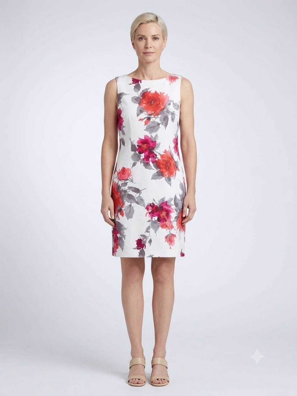 Sleeveless White Floral Sheath Dress with Pink & Red Blooms